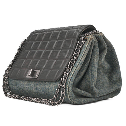 CHANEL Chocolate Bar 2.55 Lock Chain Shoulder Denim x Lambskin Black x Blue Silver-Tone Hardware, Pre-Owned