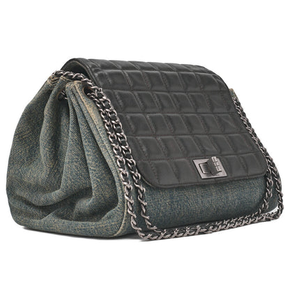 CHANEL Chocolate Bar 2.55 Lock Chain Shoulder Denim x Lambskin Black x Blue Silver-Tone Hardware, Pre-Owned
