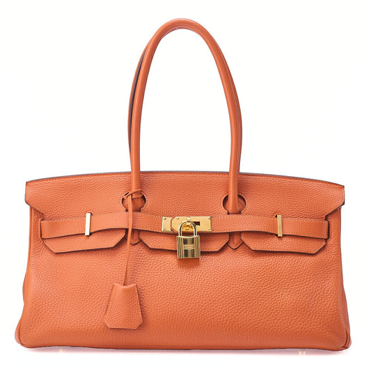 HERMES Shoulder Birkin Handbag Trialon Clemence Orange Gold-Tone Hardware, Pre-Owned