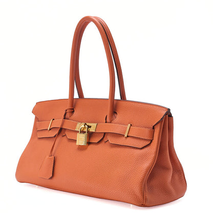 HERMES Shoulder Birkin Handbag Trialon Clemence Orange Gold-Tone Hardware, Pre-Owned