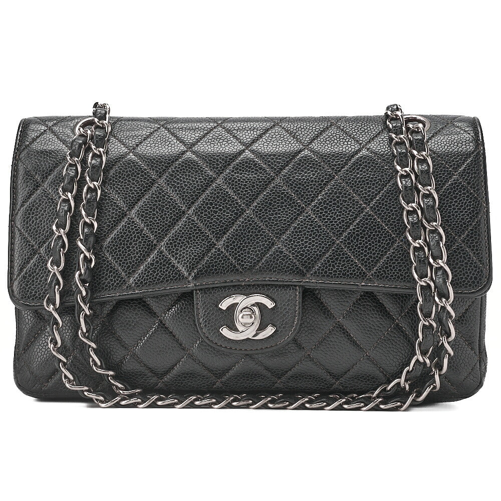 CHANEL Matelasse Turnlock Double Flap 25 Chain Shoulder Bag Caviar Skin Black Silver-Tone Hardware, Pre-Owned