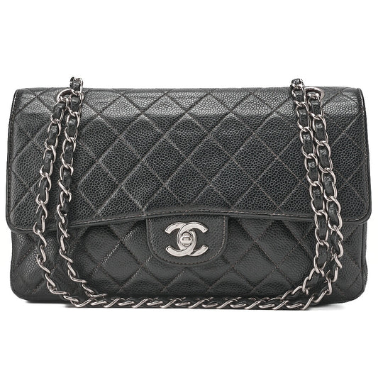 CHANEL Matelasse Turnlock Double Flap 25 Chain Shoulder Bag Caviar Skin Black Silver-Tone Hardware, Pre-Owned