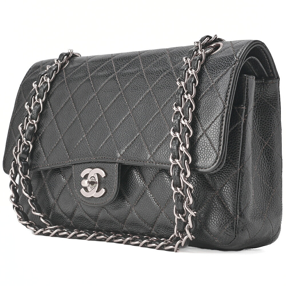 CHANEL Matelasse Turnlock Double Flap 25 Chain Shoulder Bag Caviar Skin Black Silver-Tone Hardware, Pre-Owned