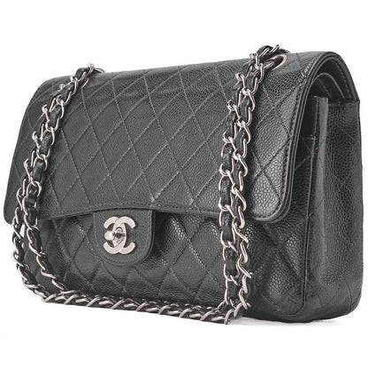 CHANEL Matelasse Turnlock Double Flap 25 Chain Shoulder Bag Caviar Skin Black Silver-Tone Hardware, Pre-Owned