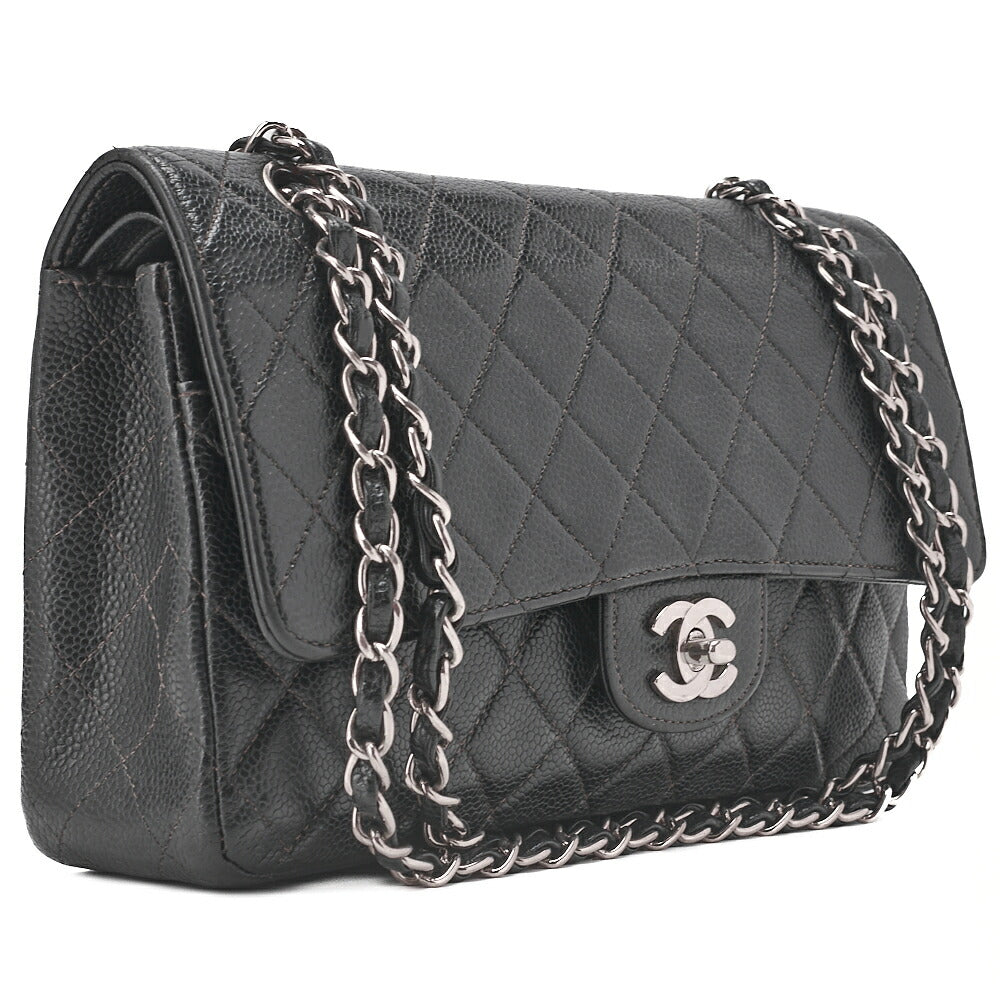 CHANEL Matelasse Turnlock Double Flap 25 Chain Shoulder Bag Caviar Skin Black Silver-Tone Hardware, Pre-Owned