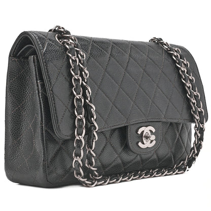 CHANEL Matelasse Turnlock Double Flap 25 Chain Shoulder Bag Caviar Skin Black Silver-Tone Hardware, Pre-Owned