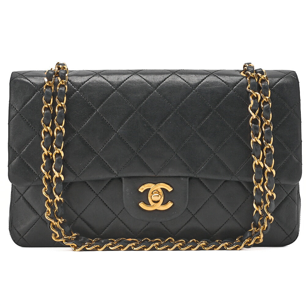 CHANEL Chain Shoulder Bag Matelasse Double Flap 25cm Lambskin Black Gold-Tone Hardware, Pre-Owned