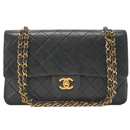 CHANEL Chain Shoulder Bag Matelasse Double Flap 25cm Lambskin Black Gold-Tone Hardware, Pre-Owned
