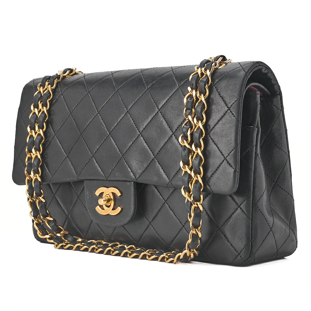 CHANEL Chain Shoulder Bag Matelasse Double Flap 25cm Lambskin Black Gold-Tone Hardware, Pre-Owned