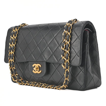 CHANEL Chain Shoulder Bag Matelasse Double Flap 25cm Lambskin Black Gold-Tone Hardware, Pre-Owned