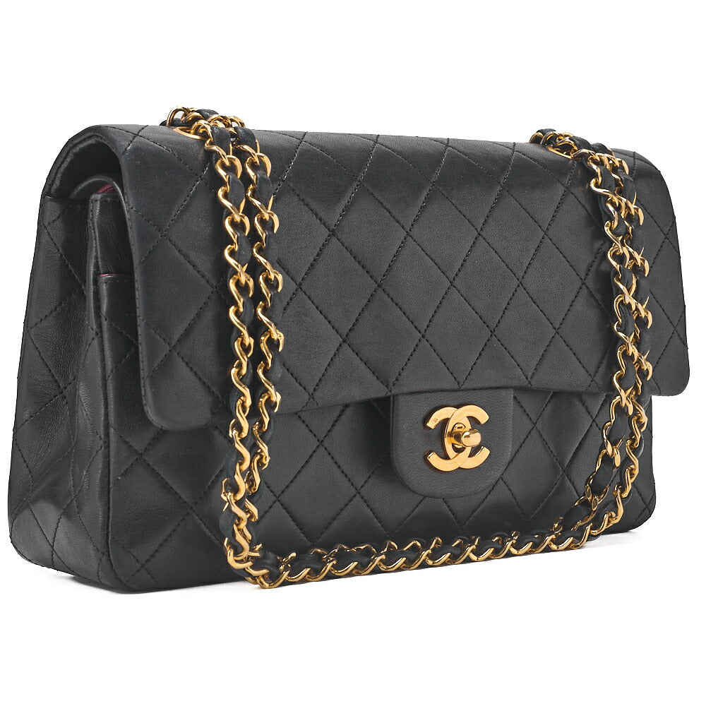 CHANEL Chain Shoulder Bag Matelasse Double Flap 25cm Lambskin Black Gold-Tone Hardware, Pre-Owned