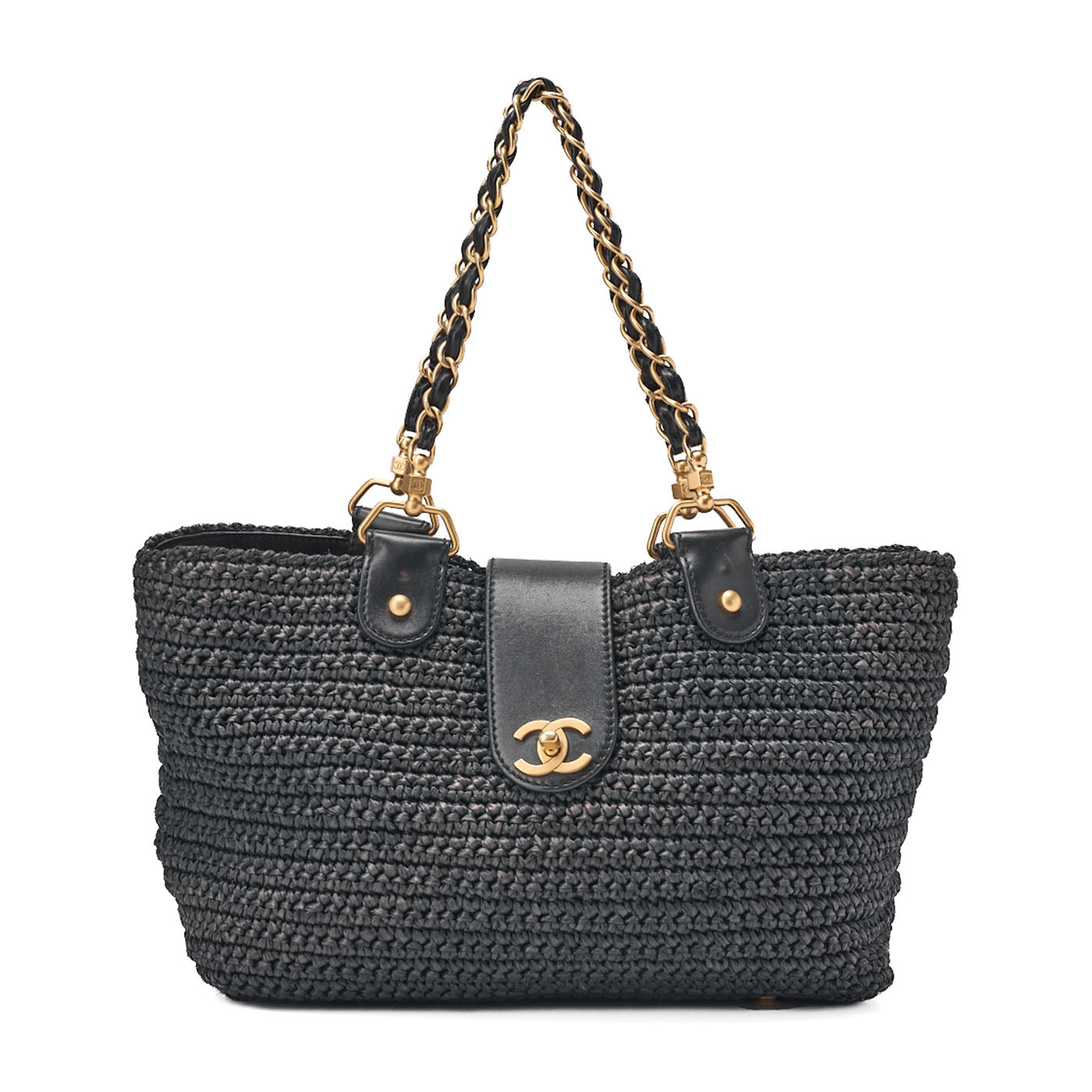 CHANEL Chain Tote Bag Bicolore Cocomark Raffia X Lambskin Cocomark Gold-Tone Hardware, Pre-Owned