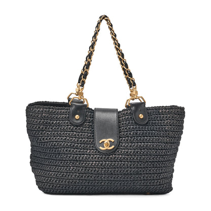 CHANEL Chain Tote Bag Bicolore Cocomark Raffia X Lambskin Cocomark Gold-Tone Hardware, Pre-Owned