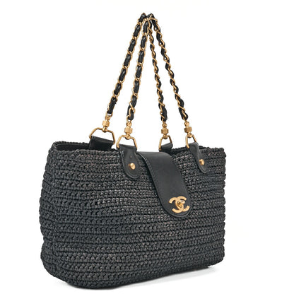 CHANEL Chain Tote Bag Bicolore Cocomark Raffia X Lambskin Cocomark Gold-Tone Hardware, Pre-Owned