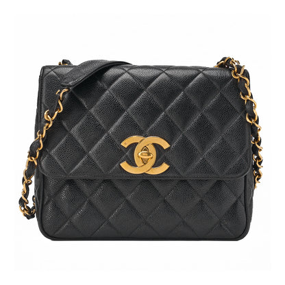 CHANEL Chain Shoulder Bag Square Turnlock Caviar Skin Black Gold-Tone Hardware, Pre-Owned