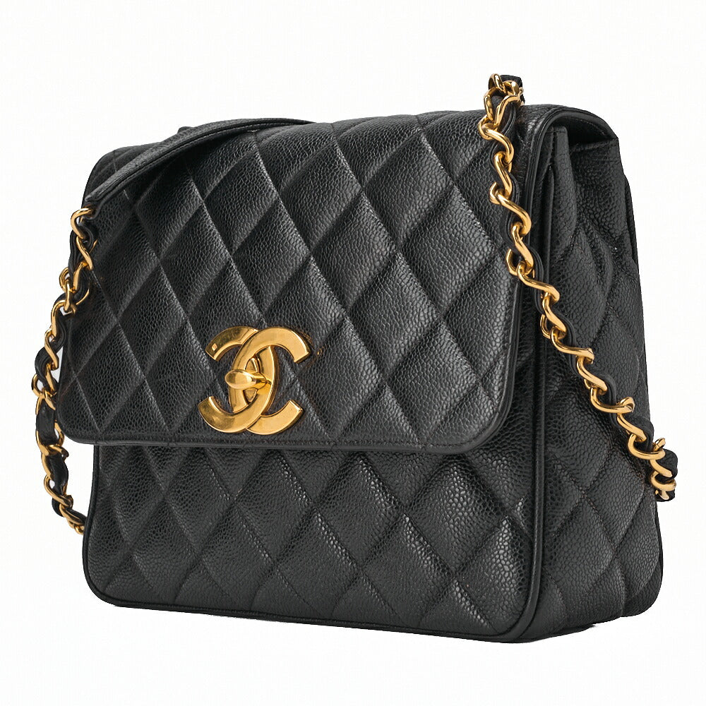 CHANEL Chain Shoulder Bag Square Turnlock Caviar Skin Black Gold-Tone Hardware, Pre-Owned