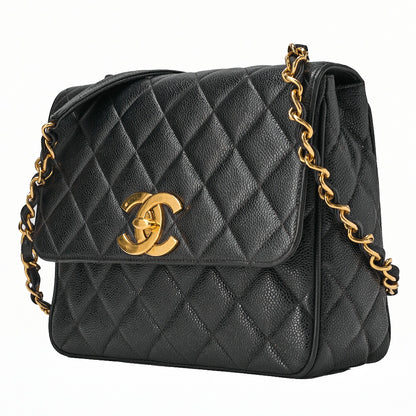 CHANEL Chain Shoulder Bag Square Turnlock Caviar Skin Black Gold-Tone Hardware, Pre-Owned
