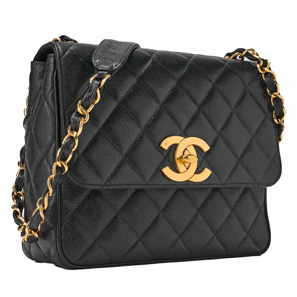CHANEL Chain Shoulder Bag Square Turnlock Caviar Skin Black Gold-Tone Hardware, Pre-Owned