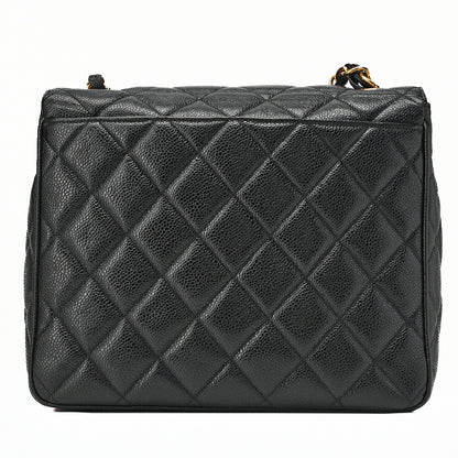 CHANEL Chain Shoulder Bag Square Turnlock Caviar Skin Black Gold-Tone Hardware, Pre-Owned