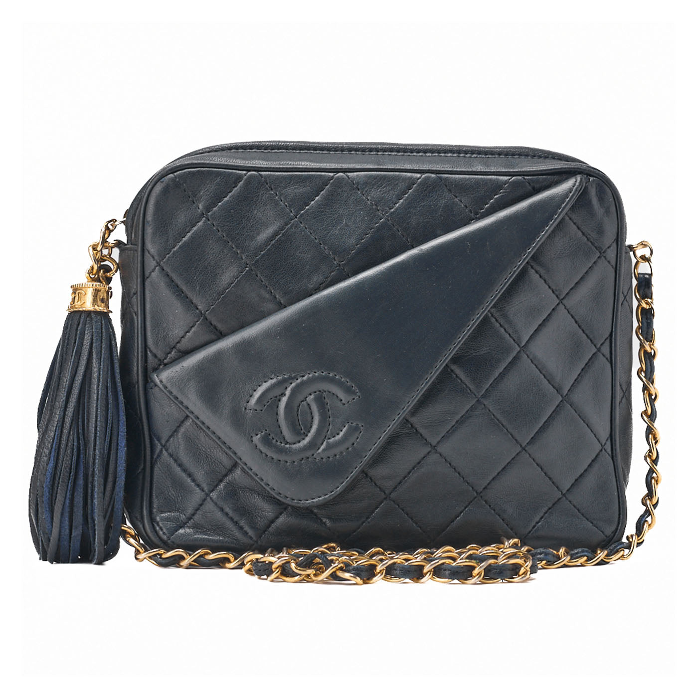 CHANEL Chain Shoulder Matrasse Coco Mark Fringe Lambskin Navy Gold-Tone Hardware, Pre-Owned