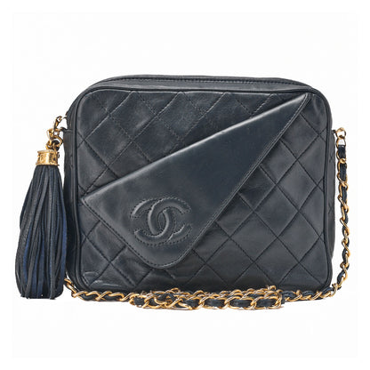 CHANEL Chain Shoulder Matrasse Coco Mark Fringe Lambskin Navy Gold-Tone Hardware, Pre-Owned