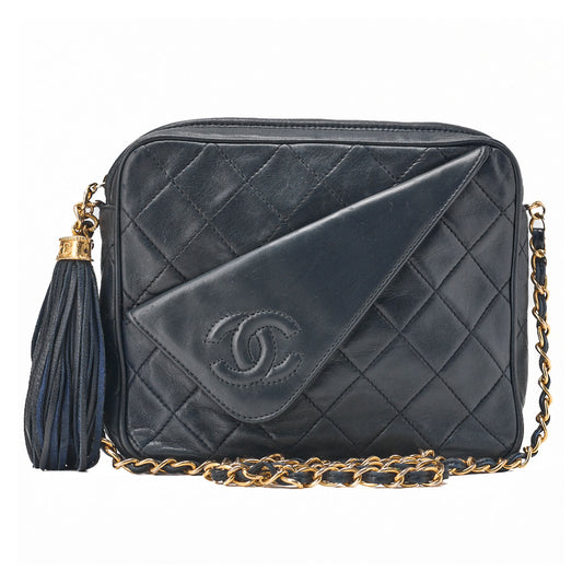 CHANEL Chain Shoulder Matrasse Coco Mark Fringe Lambskin Navy Gold-Tone Hardware, Pre-Owned