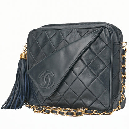 CHANEL Chain Shoulder Matrasse Coco Mark Fringe Lambskin Navy Gold-Tone Hardware, Pre-Owned