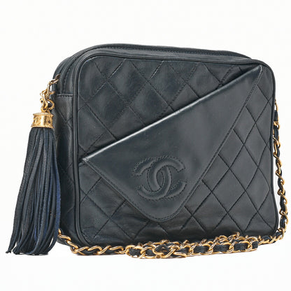 CHANEL Chain Shoulder Matrasse Coco Mark Fringe Lambskin Navy Gold-Tone Hardware, Pre-Owned