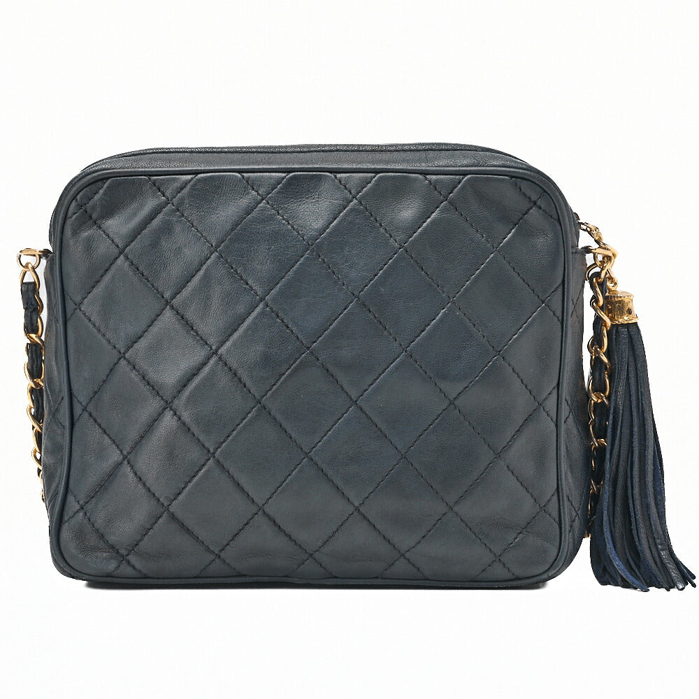 CHANEL Chain Shoulder Matrasse Coco Mark Fringe Lambskin Navy Gold-Tone Hardware, Pre-Owned