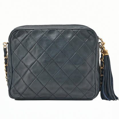 CHANEL Chain Shoulder Matrasse Coco Mark Fringe Lambskin Navy Gold-Tone Hardware, Pre-Owned