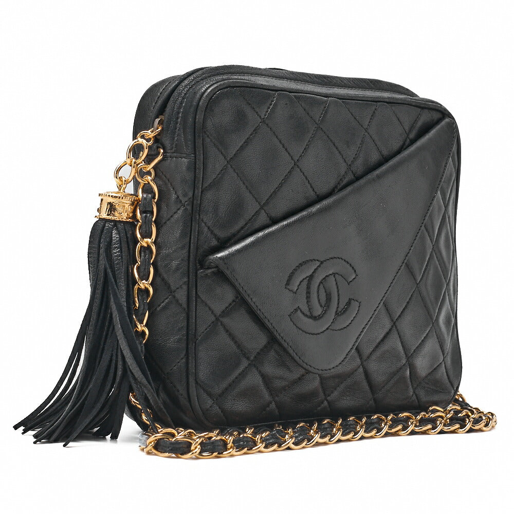 CHANEL Chain Shoulder Matelasse Coco Mark Fringe Lambskin Black Gold-Tone Hardware, Pre-Owned