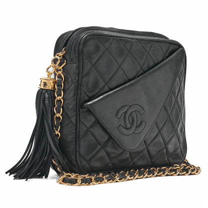 CHANEL Chain Shoulder Matelasse Coco Mark Fringe Lambskin Black Gold-Tone Hardware, Pre-Owned