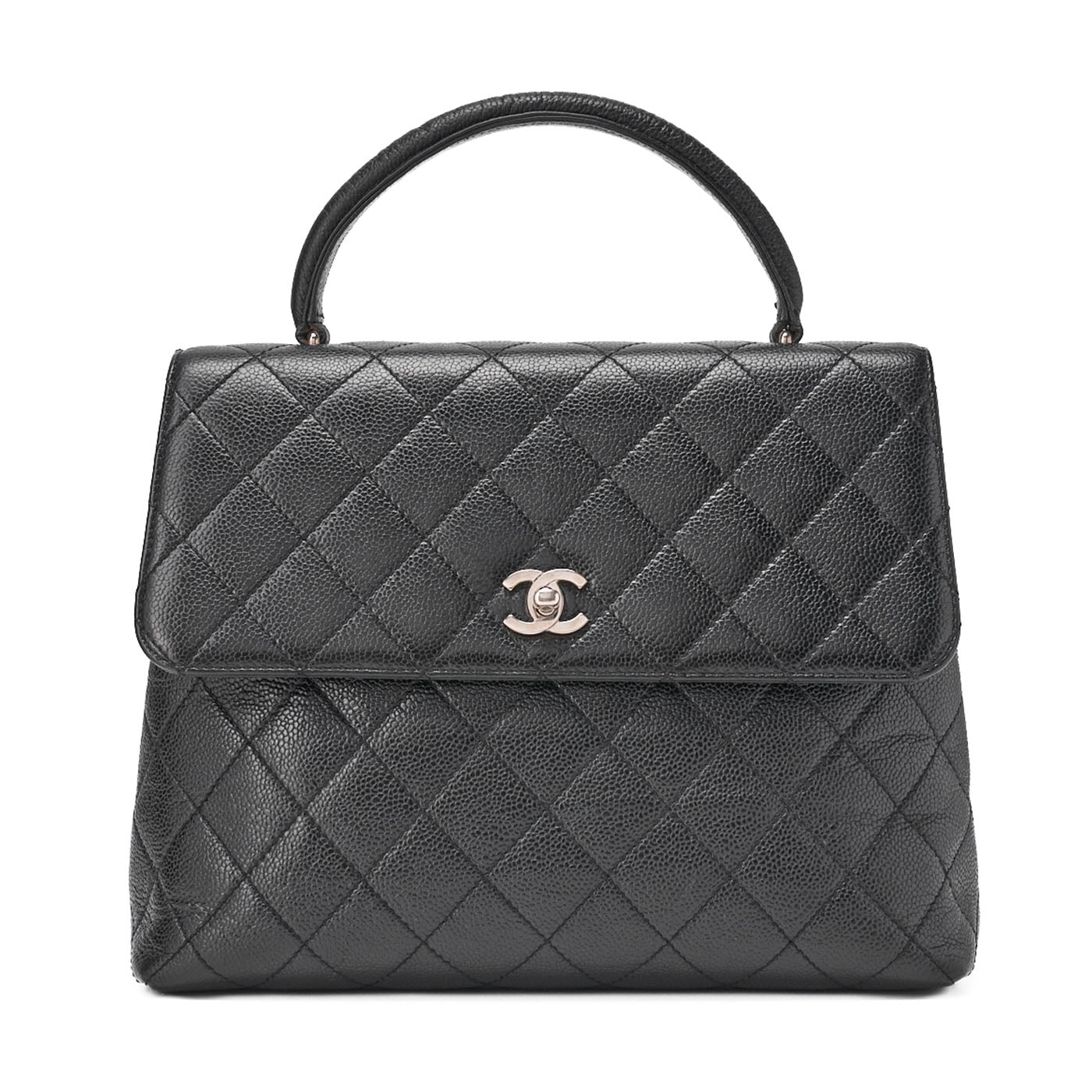 CHANEL Handbag Matelasse Turnlock Kelly Shape Caviar Skin Black Silver-Tone Hardware, Pre-Owned