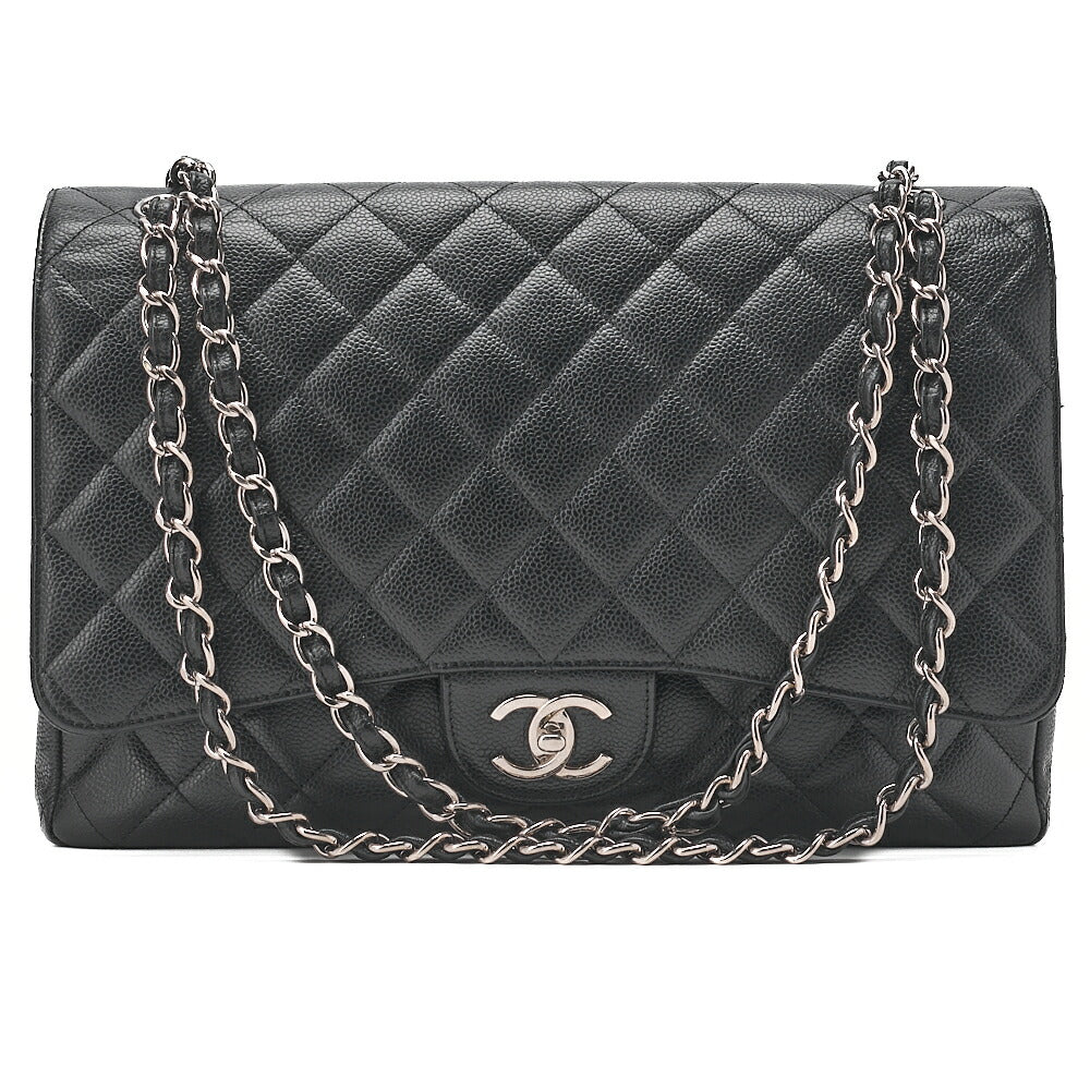 CHANEL Deca Matelasse Double Flap Chain Shoulder Bag Caviar Skin Black Silver-Tone Hardware, Pre-Owned