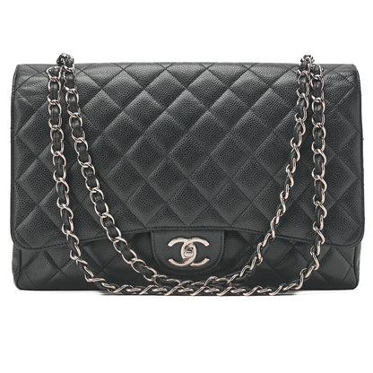 CHANEL Deca Matelasse Double Flap Chain Shoulder Bag Caviar Skin Black Silver-Tone Hardware, Pre-Owned