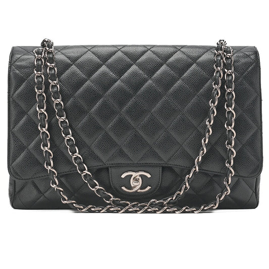 CHANEL Deca Matelasse Double Flap Chain Shoulder Bag Caviar Skin Black Silver-Tone Hardware, Pre-Owned