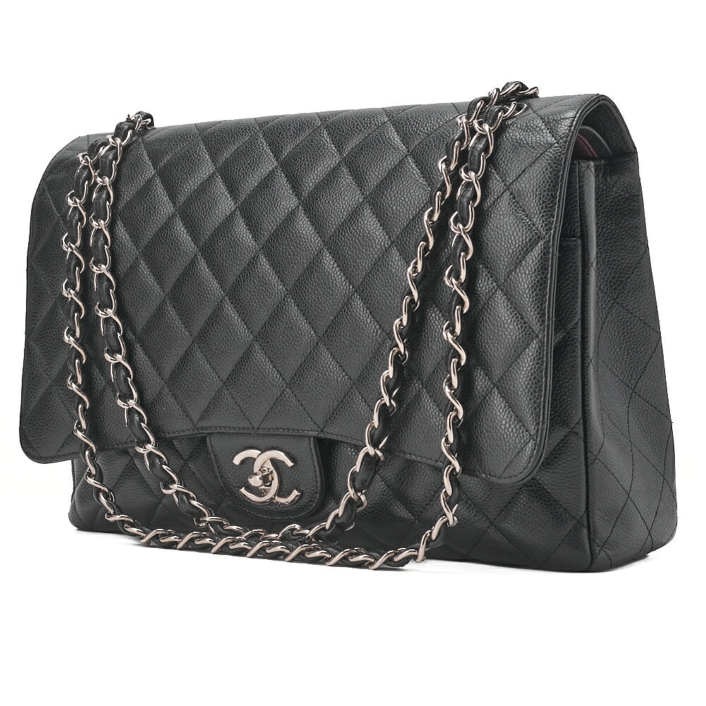 CHANEL Deca Matelasse Double Flap Chain Shoulder Bag Caviar Skin Black Silver-Tone Hardware, Pre-Owned