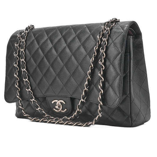 CHANEL Deca Matelasse Double Flap Chain Shoulder Bag Caviar Skin Black Silver-Tone Hardware, Pre-Owned