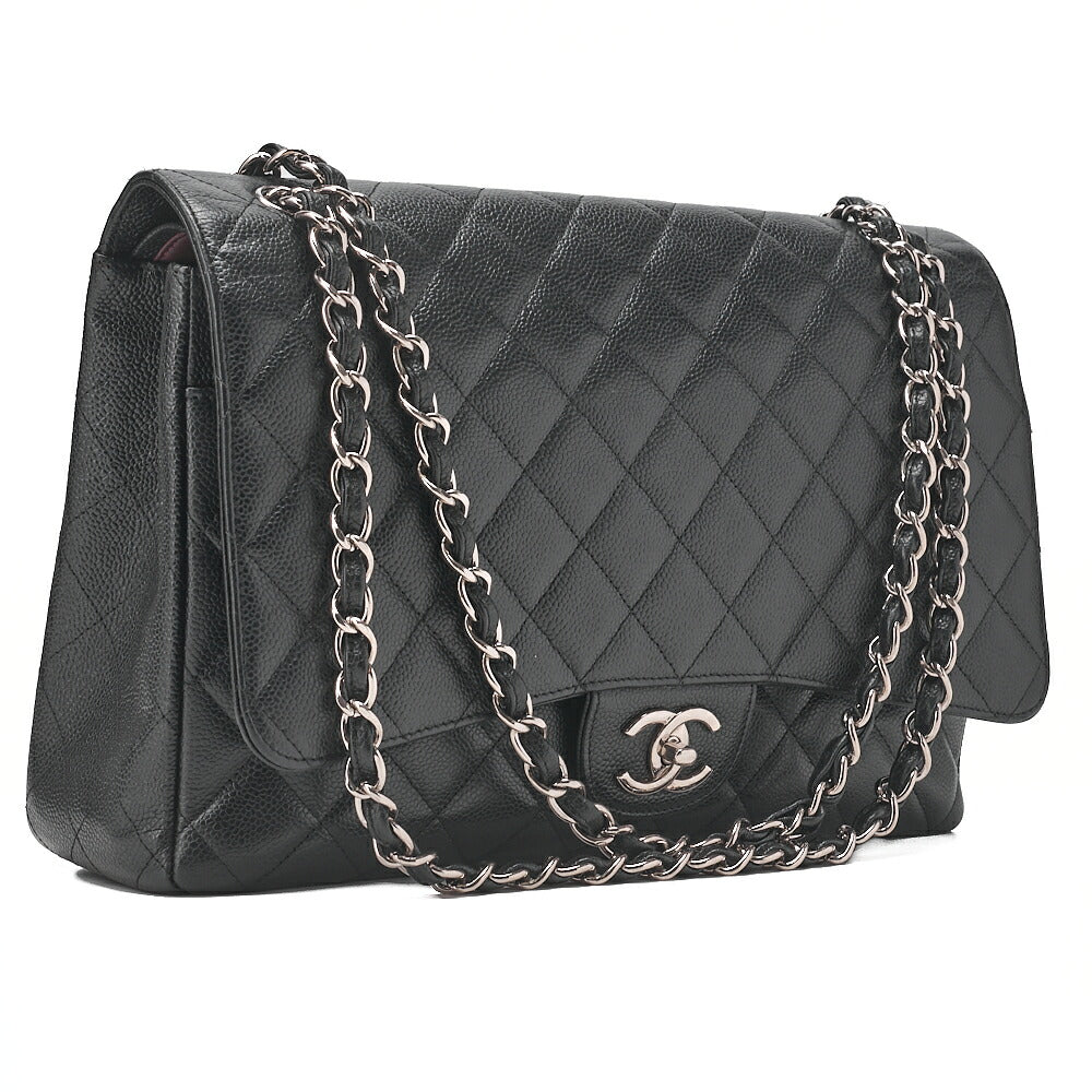 CHANEL Deca Matelasse Double Flap Chain Shoulder Bag Caviar Skin Black Silver-Tone Hardware, Pre-Owned