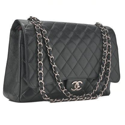 CHANEL Deca Matelasse Double Flap Chain Shoulder Bag Caviar Skin Black Silver-Tone Hardware, Pre-Owned