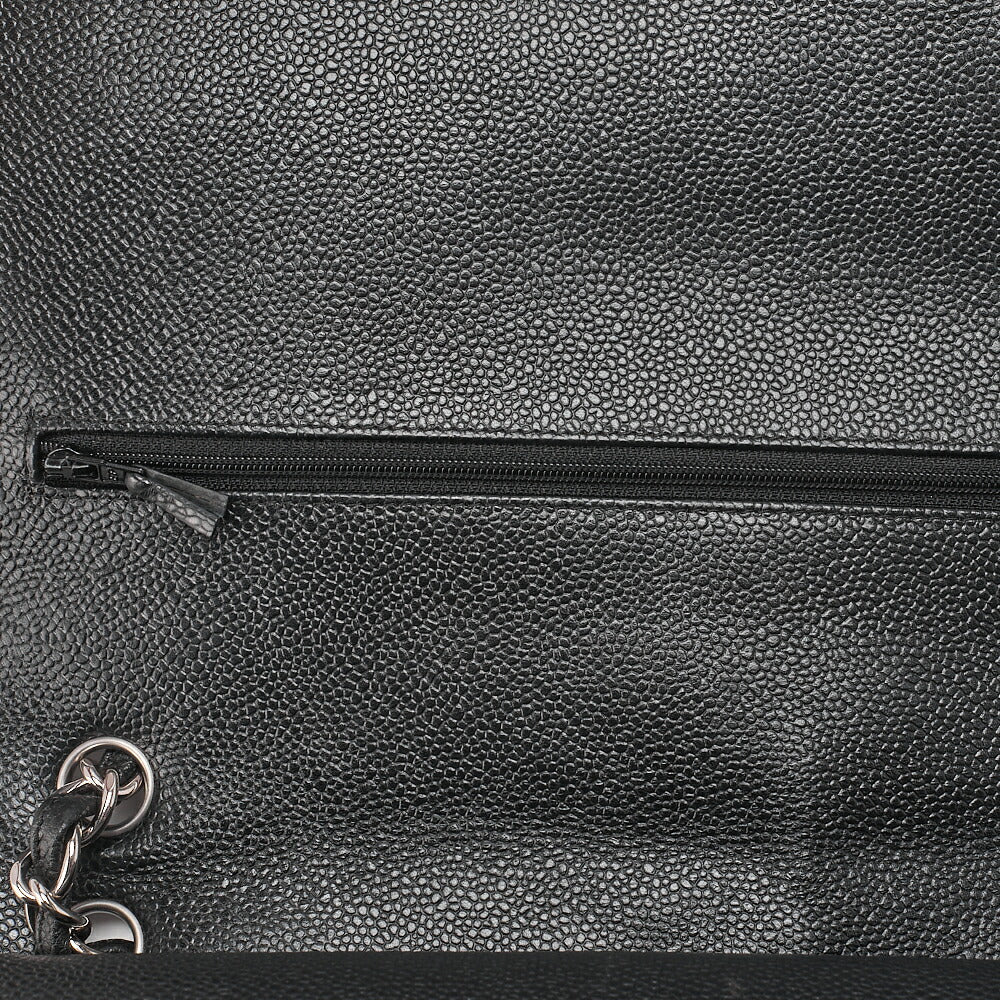 CHANEL Deca Matelasse Double Flap Chain Shoulder Bag Caviar Skin Black Silver-Tone Hardware, Pre-Owned