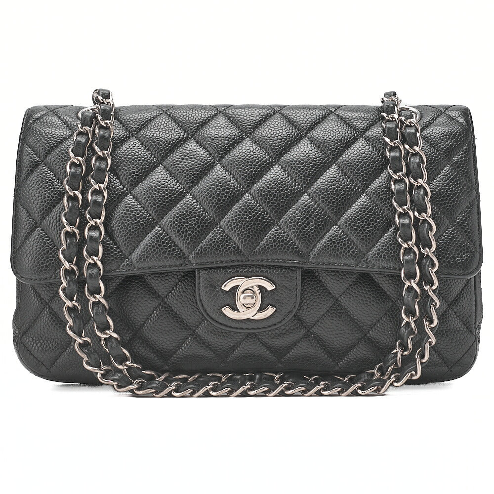 CHANEL Matelasse Turnlock Double Flap 25 Chain Shoulder Bag Caviar Skin Black Silver-Tone Hardware, Pre-Owned