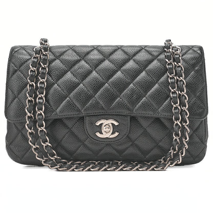 CHANEL Matelasse Turnlock Double Flap 25 Chain Shoulder Bag Caviar Skin Black Silver-Tone Hardware, Pre-Owned