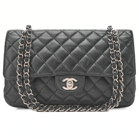 CHANEL Matelasse Turnlock Double Flap 25 Chain Shoulder Bag Caviar Skin Black Silver-Tone Hardware, Pre-Owned