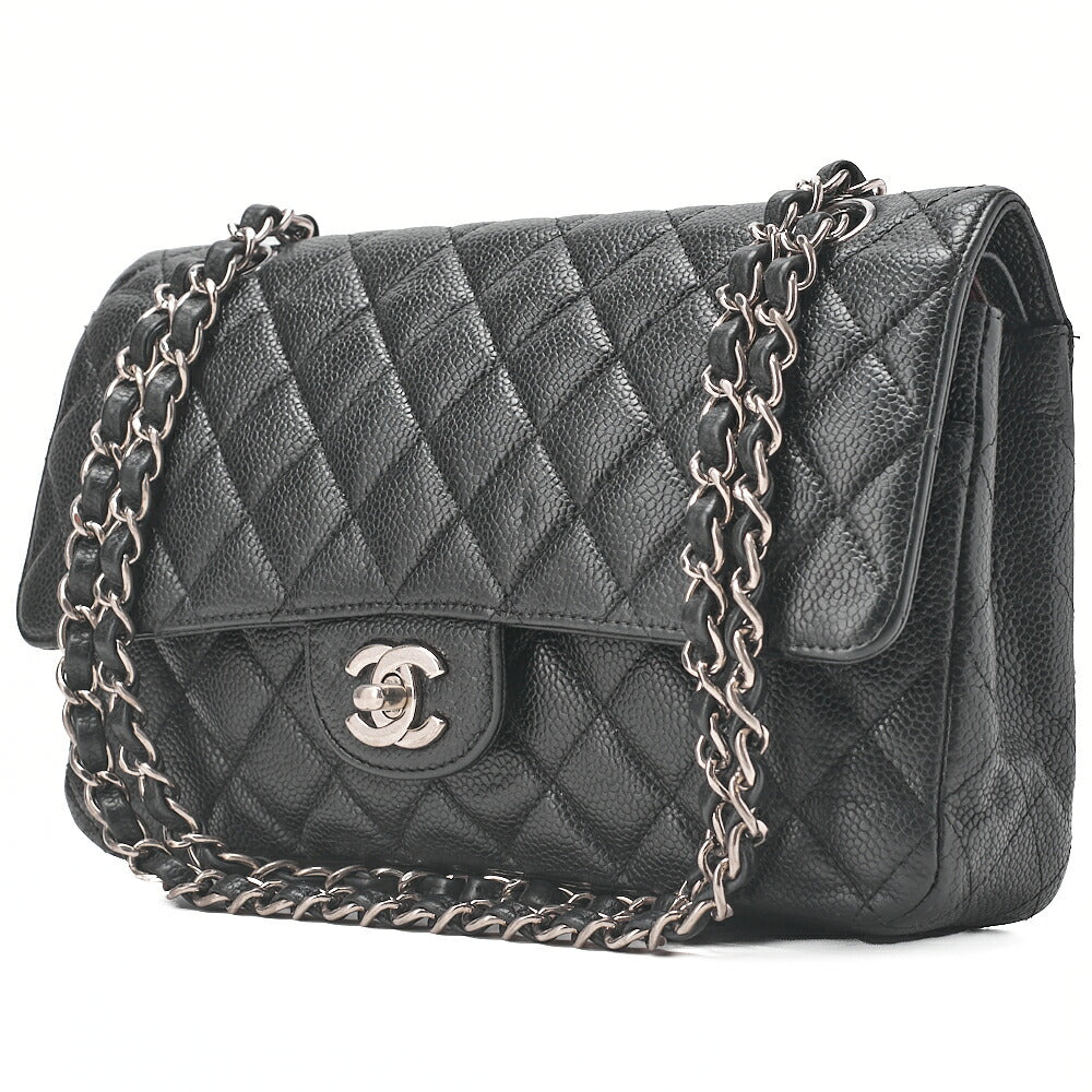 CHANEL Matelasse Turnlock Double Flap 25 Chain Shoulder Bag Caviar Skin Black Silver-Tone Hardware, Pre-Owned