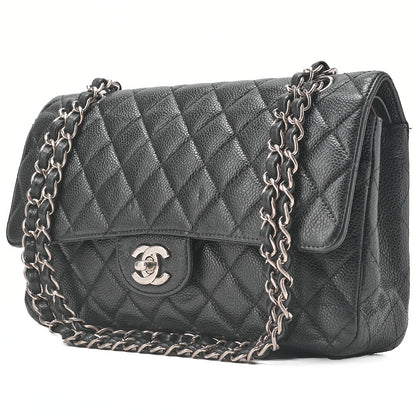 CHANEL Matelasse Turnlock Double Flap 25 Chain Shoulder Bag Caviar Skin Black Silver-Tone Hardware, Pre-Owned
