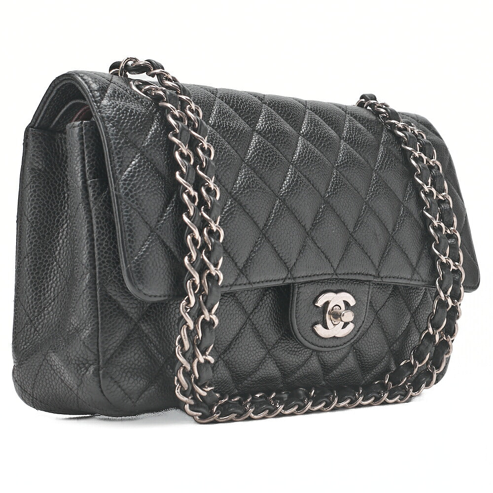 CHANEL Matelasse Turnlock Double Flap 25 Chain Shoulder Bag Caviar Skin Black Silver-Tone Hardware, Pre-Owned