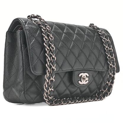 CHANEL Matelasse Turnlock Double Flap 25 Chain Shoulder Bag Caviar Skin Black Silver-Tone Hardware, Pre-Owned