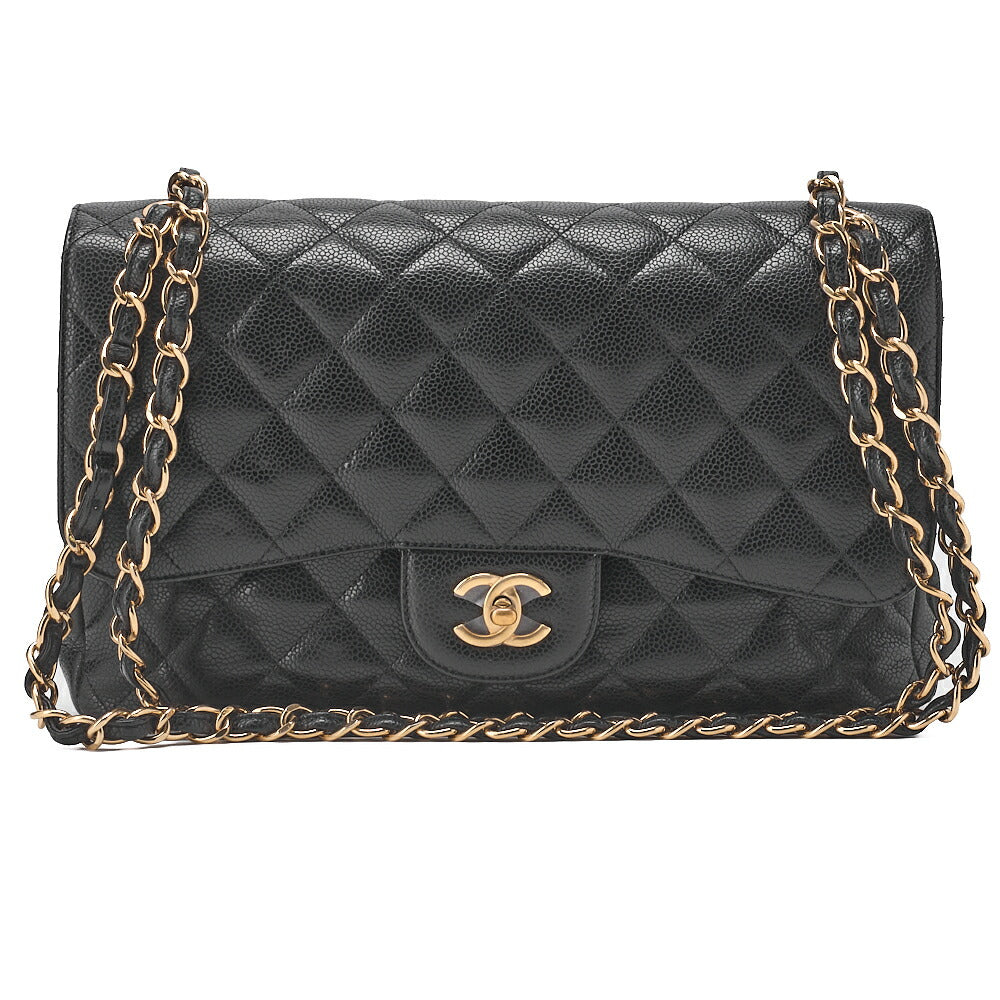 CHANEL Chain Shoulder Bag Deca Matelasse Double Flap 30cm Caviar Skin Black Gold-Tone Hardware, Pre-Owned