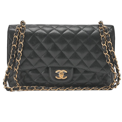CHANEL Chain Shoulder Bag Deca Matelasse Double Flap 30cm Caviar Skin Black Gold-Tone Hardware, Pre-Owned